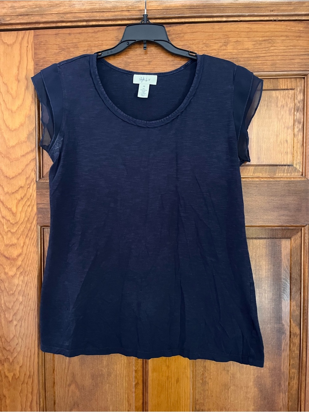 Style & Co. Navy Short Sleeve Scoop Neck Tee with Sheer Cap Sleeves